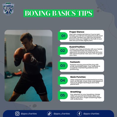 Boxing Basics Tips 👇 • Proper Stance • Guard Position • Footwork • Basic Punches • Breathing • To Know More Follow US 👇: ...................... @ppsv.charities ...................... 👉🏻For more visit the website: www.ppsvcharities.org ...................... • #Boxing #BoxingTraining #FightNight #BoxingCommunity #PunchingBag #FightLikeAPro #BoxingLife #BoxingCoach #BoxingGloves #BoxingWorkout #SparringSession #BoxingFitness #Knockout #RingLife #BoxingTips Boxing Tips, Boxing Basics, Boxing Coach, Boxing Training, Punching Bag, Boxing Workout, Boxing Gloves, Left Handed, Face And Body