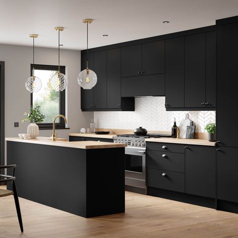 The Ethos series from Premium Kitchens is great for restoring old kitchen cupboards; with a selection of contemporary colours and shades to choose from, you can get a new and revitalised look. Black Gloss Kitchen Cabinets, Black Matte Kitchen Cabinets, Black Kitchen Units, Howdens Black Kitchen, Black Matt Kitchen, Black Matte Kitchen, Timber Benchtop Kitchen, Kitchen Cabinet Alternatives, Contempory Kitchen