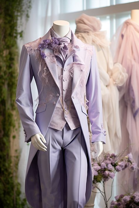 Lavender flower inspired suit Fairy Wedding Groomsmen, Fancy Mens Suits, Suits Men Colorful, Fairytale Suit Men, Elven Wedding Suit Men, Fairy Wedding Groom Suit, Pretty Outfits For Men, Lavender Tuxedo, Fairytale Suits For Men