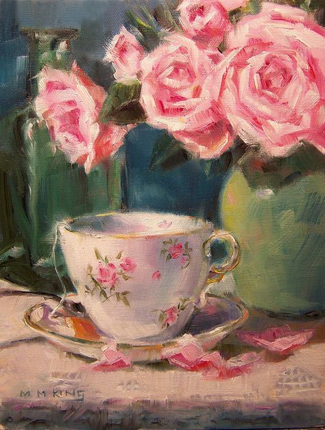 Tea Cup Art, Life Paintings, Cup Art, Cute Paintings, Tea Art, Vintage Poster Art, Rose Art, Rose Painting, Ethereal Art