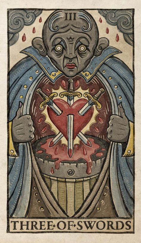 Tarot Card Three Of Swords, Medieval Tarot Cards, Three Of Swords Tarot, Tarot Images, Three Of Swords, Art Profile, Cartoon Ideas, Swords Tarot, Minor Arcana