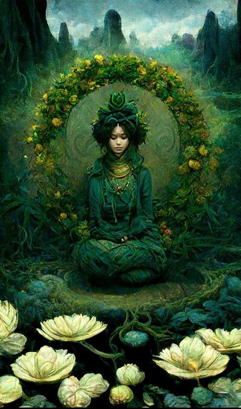 Tara, whose name means “star” or “she who ferries across,” is a Bodhisattva of compassion. In Tibetan, Tara is known as “Dölma” (Sgrol-ma), or “She Who Saves.” In particular she represents compassion in action, since she’s in the process of stepping from her lotus throne in order to help sentient beings. Green Tara Art, Green Tara Goddesses, Green Tara Maa, Tara Buddha, Goddess Tara, Buddhism Wallpaper, Tara Goddess, Sentient Beings, Nature Goddess