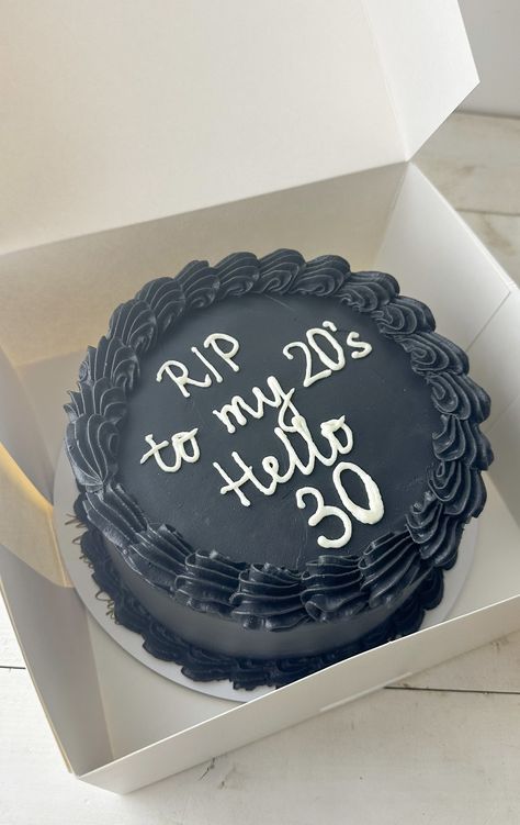 A black cake “Rip to my 20”.  #CakeArt #CakeDesign #CakeDecor #AnniversaryCake #BirthdayCake #BlackCake Rip 20s Hello 30s Cake, Funny 30th Birthday Cake For Him, Rip 20s Birthday Party Cake, All Black Cake Birthday, Rip To My 20s Cake, Rip Cake, 30th Birthday Cakes For Men, 30 Cake, 40th Cake