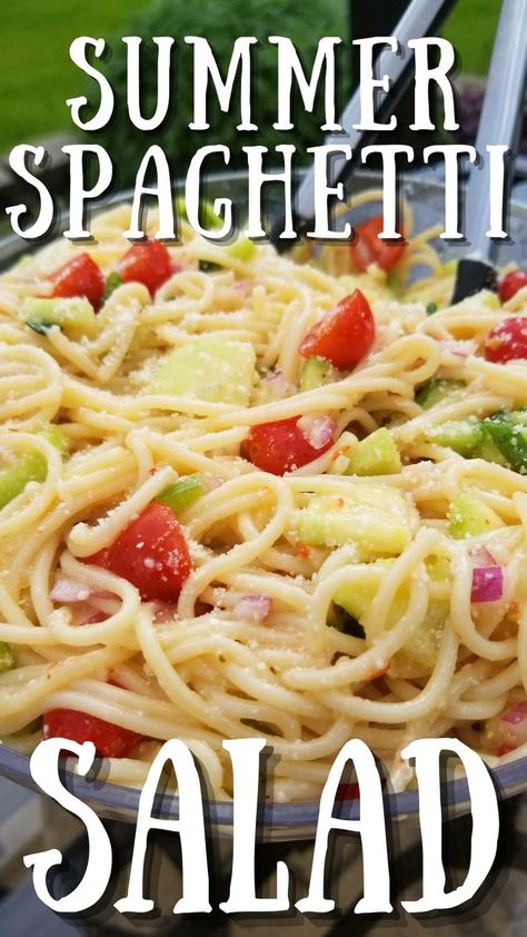 This light and tangy summer spaghetti salad is the perfect pasta side dish for cookouts and potlucks. Tender spaghetti strands are tossed with garden fresh veggies, like cucumbers, tomatoes, and green peppers, then coated with zesty Italian dressing. Summer Spaghetti Salad Recipes, Summer Italian Spaghetti Salad, Spaghetti Summer Salad, Summer Spaghetti Recipe, Spaghetti Salad Recipes Easy, Easy Spaghetti Salad, Spaghetti Pasta Salad Recipes Cold, Spaghetti Cucumber Tomato Salad, Salads With Spaghetti