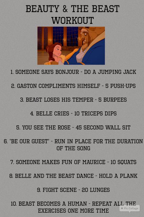 Beauty & The Beast workout from runsintutus.com. Make that Disney movie marathon a little more active! Tv Workout Challenge Disney, Disney Movie Workouts, Hercules Workout, Tv Workout, Disney Workout, Tv Show Workouts, Disney Movie Marathon, Movie Workouts, Beast Workout