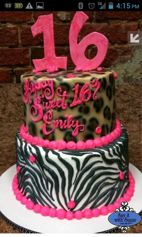 Or this one 16th Birthday Cake For Girls, Cheetah Print Cakes, Sweet Sixteen Cakes, 11 Birthday, Sweet 16 Birthday Cake, Sweet 16 Cakes, 16 Cake, 16 Birthday Cake, Panda Party