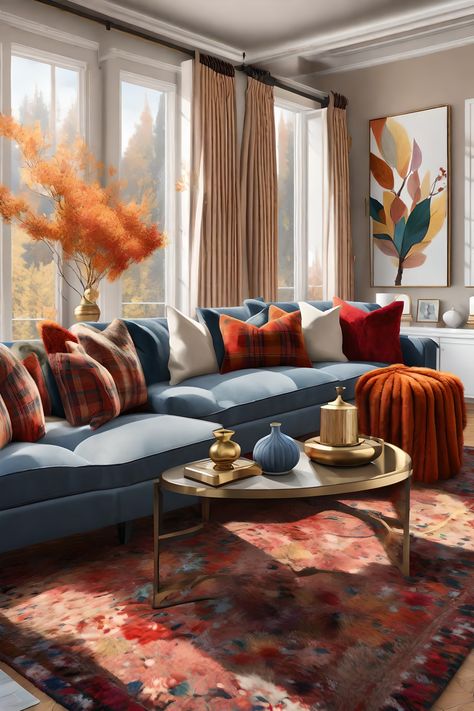 Orange And Blue House Decor, Orange And Blue Living Room Decor Ideas, Burnt Orange And Blue Living Room, Navy Blue And Orange Living Room, Blue And Rust Living Room Decor, Blue Orange Living Room, Orange And Blue Living Room, Blue Sofa Living Room Ideas, Navy Blue And Grey Living Room