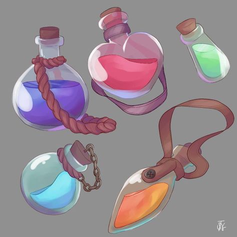 Dnd Potion Bottles, Belt Drawing, Bottle Drawing, Props Concept, Magic Bottles, Props Art, Time Drawing, Potion Bottles, Beautiful Tattoo