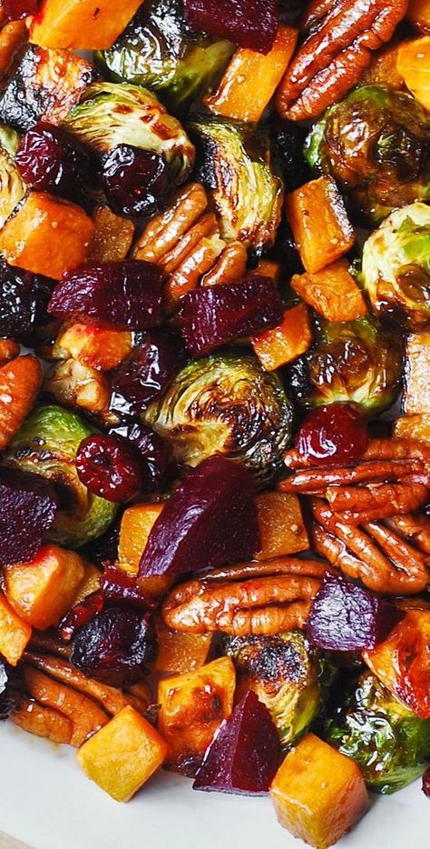 close-up of Roasted Butternut Squash, Brussels sprouts, Beets, Pecans, and Cranberries Winter Vegetable Salad, Salad With Roasted Butternut Squash, Winter Vegetable, Resep Salad, Roasted Vegetable Recipes, Beet Recipes, Winter Vegetables, Veggie Side Dishes, Roasted Butternut