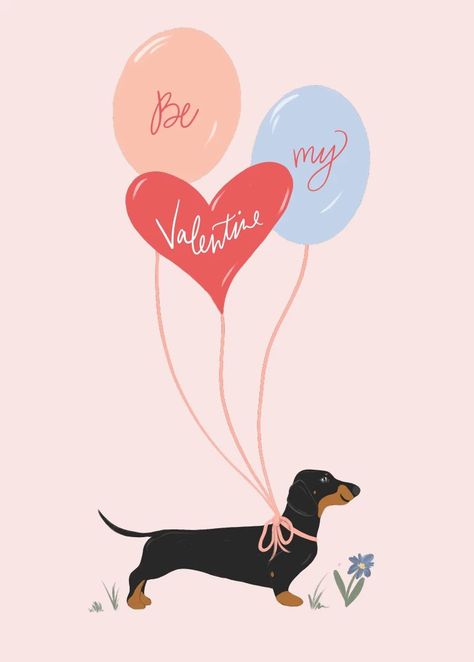 Dachshund Valentines, Dachshund Illustration, Valentine's Day Illustration, Valentines Illustration, Greeting Card Inspiration, Dachshund Art, Dog Sketch, Paper Collage Art, Valentine Greeting Cards