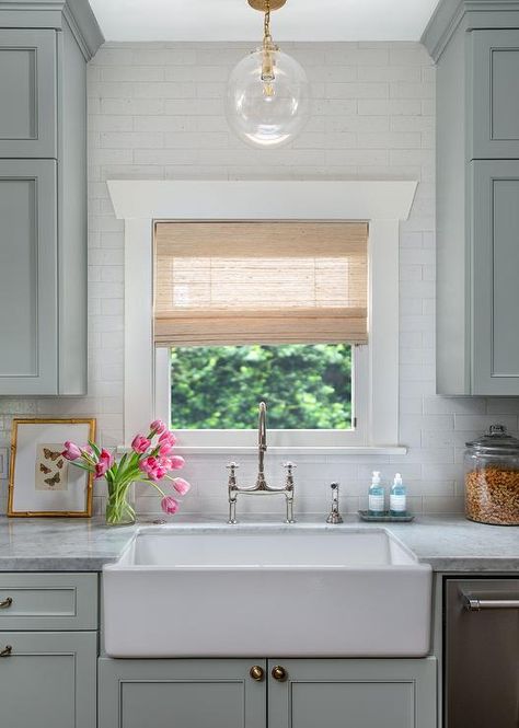 Sophisticated Cottage, Over Kitchen Sink Lighting, Katie Davis Design, Over Sink Lighting, White Brick Backsplash, Sink Lighting, Porcelain Kitchen Sink, Katie Davis, Over Kitchen Sink