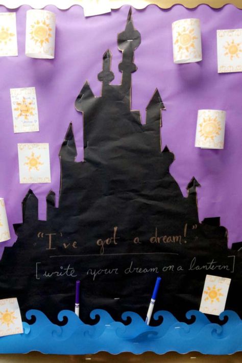 Tangled Themed Classroom, Rapunzel Bulletin Board, Tangled Door Decoration, Tangled Bulletin Board, Tangled Hoco Theme, Tangled Hallway Decorations, Disney Theme Bulletin Board Ideas, Tangled Homecoming Theme, Senior Class Board Ideas