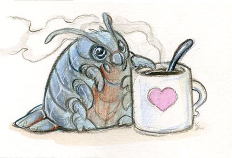 Giant Isopod Love Coffee by =skulldog Cute Isopod Art, Giant Octopus Drawing, Slug Monster Art, Giant Isopod, Giant Beetle Fantasy Art, Giant Bug Monster Art, Strange Creatures, Bug Art, Organic Art