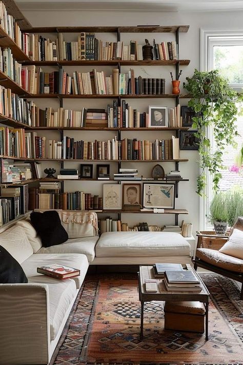 Books In The Living Room, Library Unit Design Bookshelves, Apartment Bookcase Ideas, Wall Shelving Living Room, Library Living Room Ideas, Living Room Decor Shelves, Library Wall In Living Room, Shelving In Living Room, Office Library Design