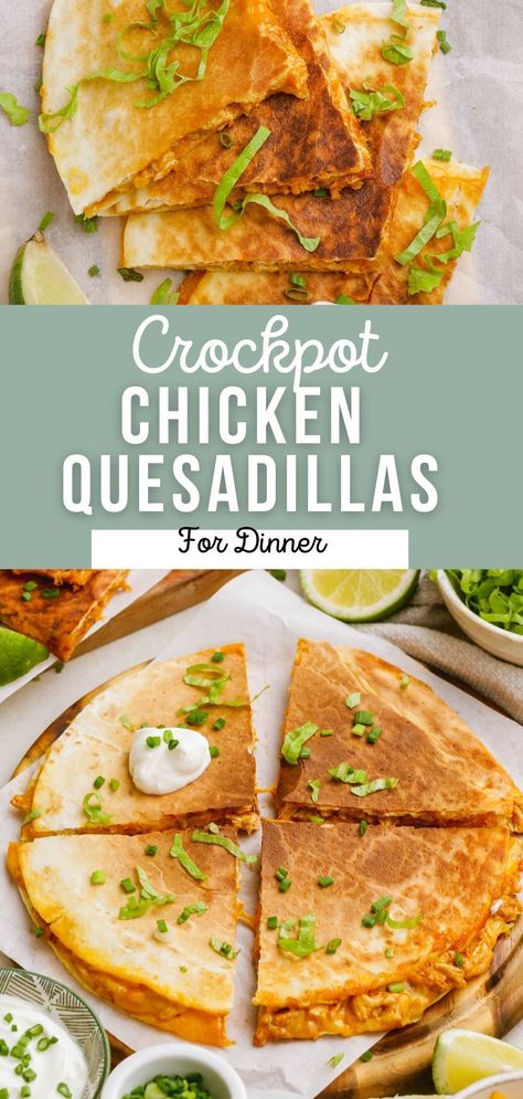 These irresistible Chicken Quesadillas are loaded with delicious shredded chicken taco meat (made in the crockpot), loads of cheese and a secret ingredient that will blow your mind! They are the perfect appetizer, easy lunch or even dinner! Shredded Chicken Taco Meat, Chicken Taco Meat, Chicken Quesadillas Recipe, Chicken Quesadilla Recipe, Shredded Chicken Tacos, Chicken Tacos Crockpot, Chicken Taco, Quesadilla Recipes, Grilled Onions