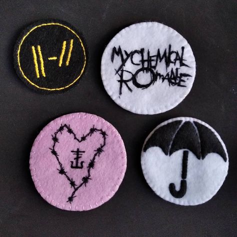 Little Killjoy on Instagram: “Logos for all tastes . . . #mychemicalromance #killjoys #theblackparade #gerardway #umbrellaacademy #gabrielba…” Mcr Logo, Mcr Band, Instagram Logos, Badge Ideas, Felt Patch, Bag Patches, Bottle Cap Art, Our Lady Of Sorrows, Mr. Beast