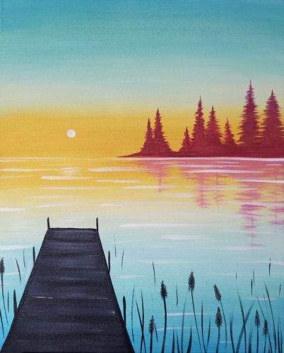 Paint Nite painting by Holly MacKinnon from Saint-Lazare, Québec, Canada Acrylic Painting Lake Dock, Lake With Dock Painting, Sunset Dock Painting, Simple River Painting, Sunset Lake Painting Easy, Canada Painting Ideas, Lake Drawings Easy, Summer Scenery Painting, Lake Painting Easy