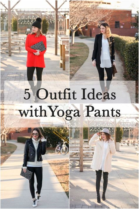 5 Outfit Ideas With Yoga Pants Yoga Outfit Ideas, Casual Yoga Pants Outfit, Simply Fashion, Top Fashion Bloggers, Yoga Outfit, Black Yoga Pants, Outfit Collage, Pants Outfits, Yoga Pants Outfit