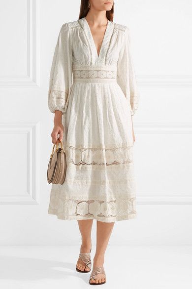 Zimmermann | Prima Dot broderie anglaise-trimmed Swiss-dot cotton dress | NET-A-PORTER.COM Hole Embroidery, Lace Patchwork Dress, Women Summer Dress, Full Midi Skirt, White Cotton Dress, Zimmermann Dress, Cotton Dress Summer, Ivory Dresses, Lace Patchwork