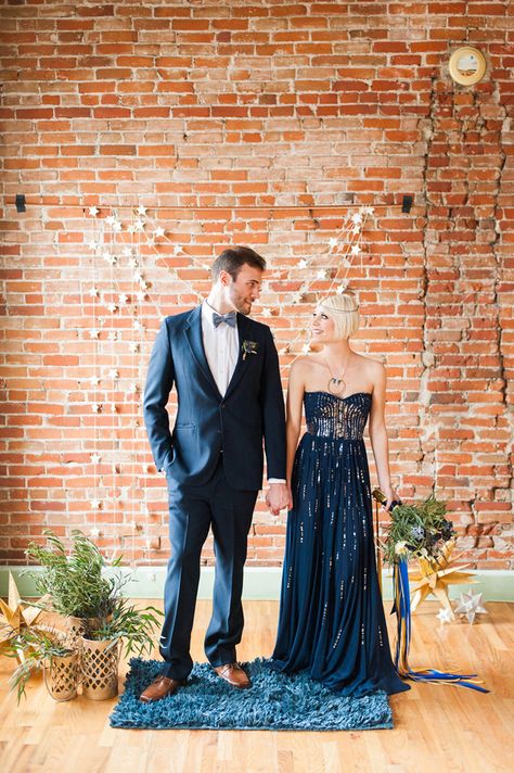 galactic wedding with a navy bridal gown - photo by Candice Benjamin Photography http://ruffledblog.com/galactic-wedding-with-a-navy-bridal-gown #wedingideas #weddingphotography Galactic Wedding, Astronomy Wedding, Navy Wedding Dress, Blue Wedding Gowns, Vintage Astronomy, Starry Night Wedding, Gold Wedding Colors, Embroidered Wedding Dress, Gold Wedding Decorations