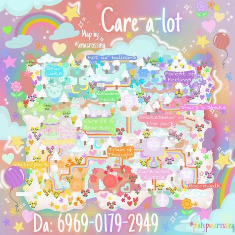 Care Bears Acnh, Cute Maps, Animal Crossing Dream Address, Kawaii Island, Animal Crossing Music, Rainbow Island, Pastel Kidcore, Dream Code, Bear Island