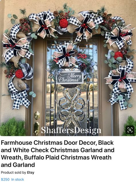 Farmhouse Christmas Door Garland, Buffalo Plaid Garland, Buffalo Plaid Christmas Wreath, Plaid Christmas Wreath, Grapevine Christmas, Farmhouse Garland, Rose Gold Christmas Decorations, Elf Christmas Decorations, Christmas Door Decor