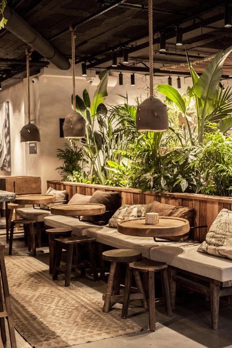 Earthy Restaurant, Jungle Restaurant, Rustic Restaurant Interior, Urban Jungle Interior, Interior Design Restaurant, Sofa Table Design, Restaurant Counter, Interior Restaurant, Rustic Cafe