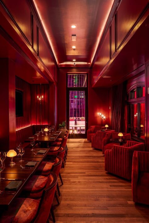 AvroKO designs restaurant at Justin Timberlake's The Twelve Thirty Club Nashville Dress, Red Hotel, Speakeasy Decor, Burgundy Curtains, Red Restaurant, Modern Restaurant Design, Red Bar, Restaurant Concept, Hotel Project