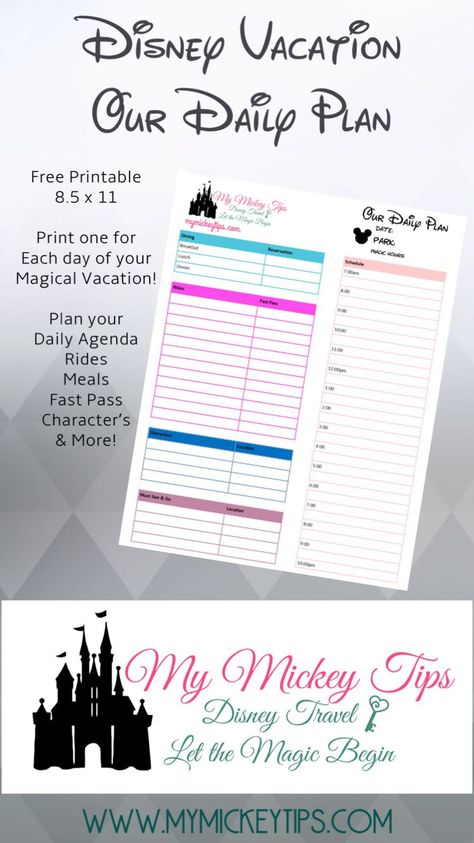 Disney Vacation Daily Park Planner - Free Printable • Disney Vacations | Printable Planner by  Shirley Brink Disney Planning Printables, Vacation Budget Planner, Disney Budget, Disney Printables Free, Disney Deals, Budget Planner Free, Universal Vacation, Disney Planner, Free Daily Planner