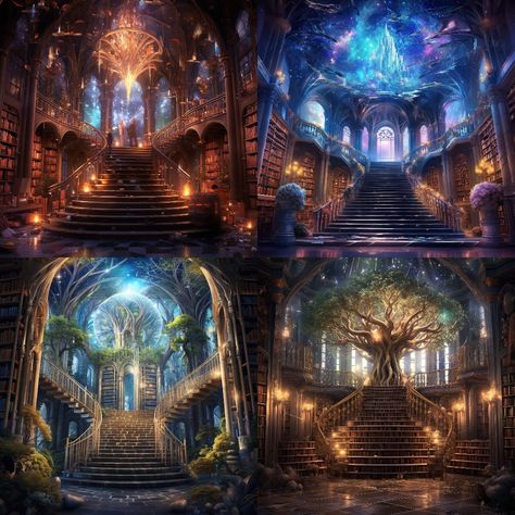 Magical School Building, Magic Classroom Fantasy Art, Magical University, Fantasy Schools, Magical Library Fantasy Art, Magic Library Aesthetic, Magic School Aesthetic, Wizard Workshop, Cosmic Library