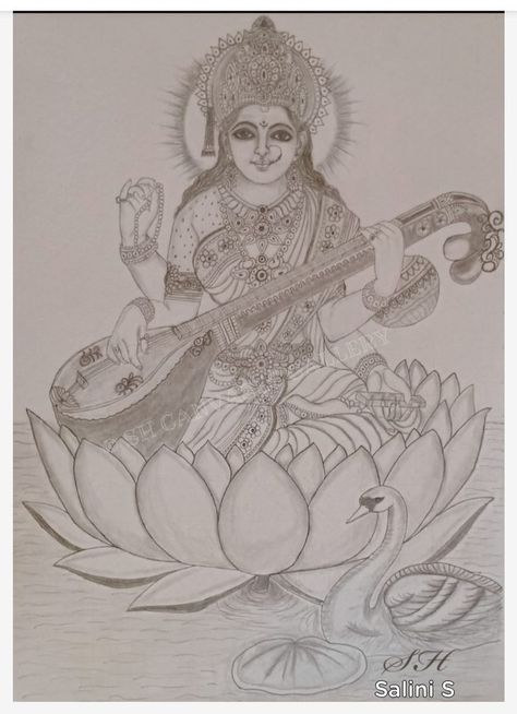 Saraswathi Devi, Pencil Drawing Inspiration, Pencil Sketches Easy, Cute Small Drawings, Indian Traditional Paintings, Ganesh Art Paintings, Disney Drawings Sketches, Saraswati Goddess, Easy Cartoon Drawings