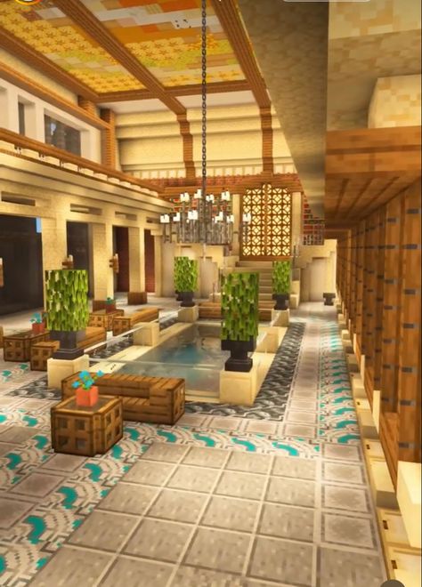 Minecraft Bamboo Decor, Minecraft Building Ideas Dessert, Minecraft Luxury Interior, Minecraft Hotel Interior, Minecraft Home Interior Ideas, Minecraft Mansion Interior, Minecraft Inside Decor, Minecraft Stores Ideas, Minecraft Stores