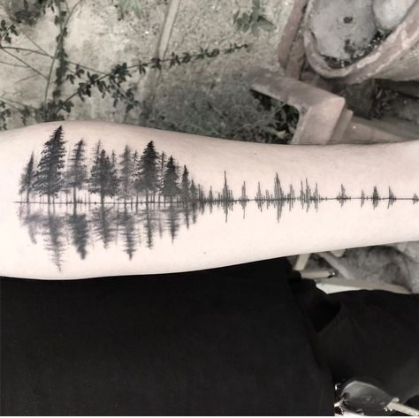 Forest Reflection Tattoo, Pine Tree And Water Tattoo, Tree Line Tattoo Forearm, Birch Tree Tattoo For Women, Pine Tree Tattoo Sleeve, Cool Nature Tattoos, Tree Line Tattoo, Reflection Tattoo, Twilight Tattoos