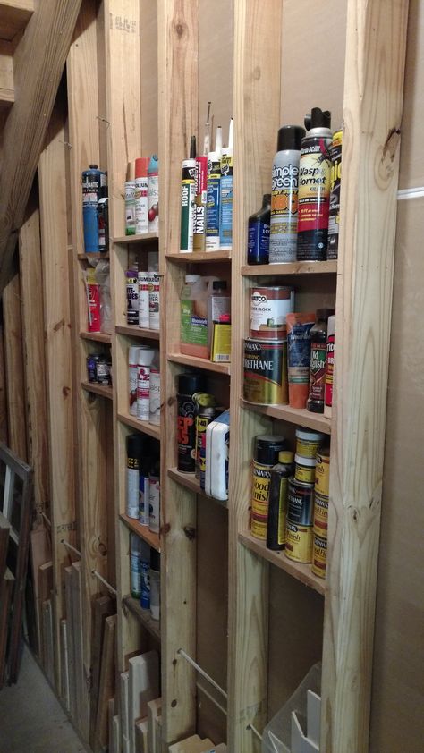 I wanted to utilize the area under my staircase for storage. The wall is sheet rocked on one side, but on the other side, the studs are exposed. What better way to... Shelves Between Studs, Stud Shelves, Between Studs, Storage Shed Organization, Garage Storage Racks, Shed Organization, Basement Storage, Diy Garage Storage, Garage Storage Organization