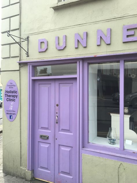 Lavender Cafe Interior, Purple Coffee Shop, Purple Cafe, Bookstore Design, Shop Facade, White Cafe, Food Cart Design, Bakery Branding, Purple Door