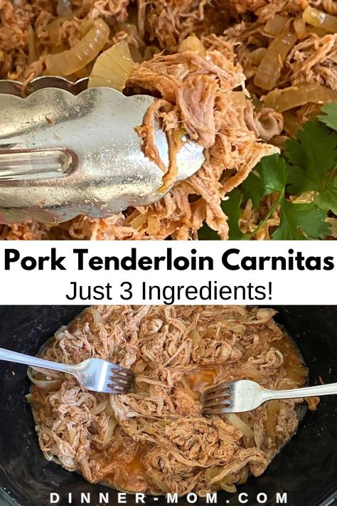 3-ingredient pork tenderloin carnitas are the most delicious lunch or dinner that everyone will love. Pair this meat with tortillas, chips, and fries to make an easy meal. These carnitas are filled with only three ingredients: onions, pork tenderloins, and peach salsa, but are still packed with flavor. This meat is made in the slow cooker, so you can throw all the ingredients in the crockpot and then come home to a flavorful meal. Try this recipe today! Pork Tenderloin Carnitas Slow Cooker, Pork Tenderloin Carnitas, Carnitas Slow Cooker, Pork Tenderloin Tacos, Pork Tenderloin Crock Pot Recipes, Tenderloin Recipes Crockpot, Tortillas Chips, Easy Pork Tenderloin Recipes, Easy Pork Tenderloin