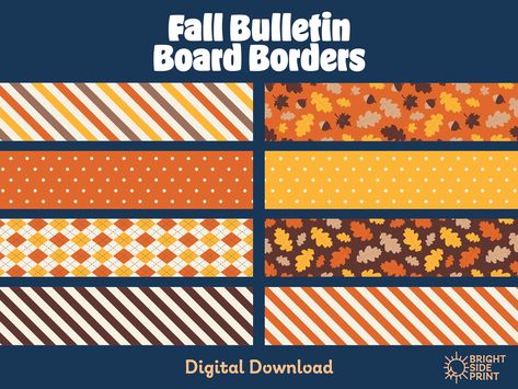 Bright Side Print's fall printable bulletin board borders are great for the classroom or at home. These are orange, yellow, brown, and cream bulletin board borders that have leaves, polk-a-dots, stripes, and acorns. Print the borders you want to use, cut them out, and mount to your bulletin board. Double the bulletin board borders up for extra layers. One .pdf file is provided: (8) page .pdf Border Bulletin Board, Autumn Bulletin Board, Creative Bulletin Boards, Printable Bulletin Board, Fall Bulletin Board, Fall Bulletin Boards, Bulletin Board Borders, Fall Printables, Fall Plaid