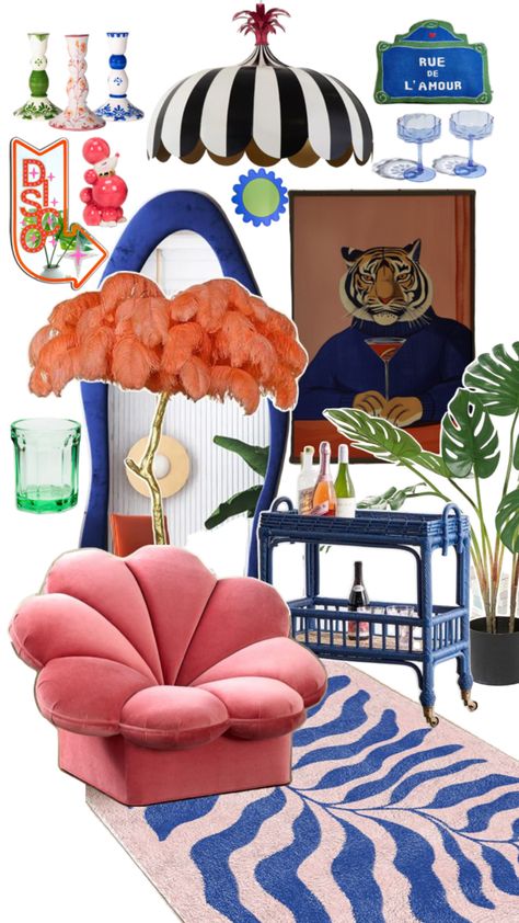 This bold and stylish lounge area features a mix of vintage and modern elements. A striking black-and-white striped pendant light, a plush pink shell chair, and a blue zebra-patterned rug anchor the space. The setup includes playful decor like a pink feather lamp, a funky tiger portrait, and neon “Disco” sign. A blue bar cart adds a touch of sophistication, while greenery and unique glassware bring a refreshing vibe. Perfect for a daring, retro-inspired interior with a touch of whimsy. Blue Bar Cart, Eclectic Lounge, Disco Sign, Neon Disco, Retro Eclectic, Tiger Portrait, Feather Lamp, Unique Glassware, Blue Bar