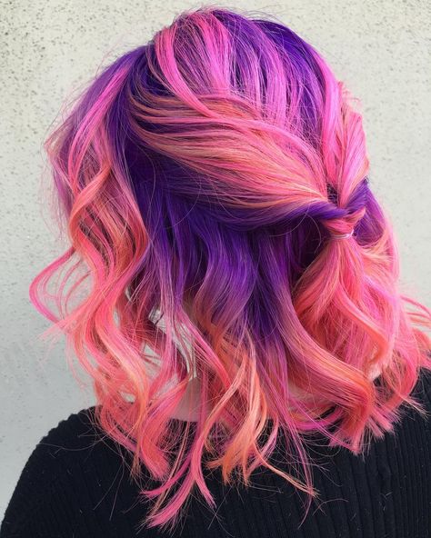 Purple neon pink dyed hair color @hairbyowlz Color For Wavy Hair, Hair Color For Wavy Hair, Hair Colour Styles, Pink Dyed Hair, Bob Hair Color Ideas, Funky Hair Colors, Colorful Hairstyles, Bob Hair Color, Arctic Fox Hair Color