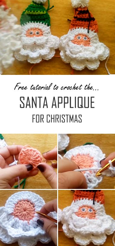 Easy step-by-step tutorial for beginners to crochet the DIY Santa applique for Christmas. Free video guide included. #crochet #crochetchristmas Santa Applique, Applique Tutorial, Crochet Appliques, Crochet Santa, Crochet Christmas Decorations, Christmas Applique, Crochet Simple, Holiday Crochet, Santa Face