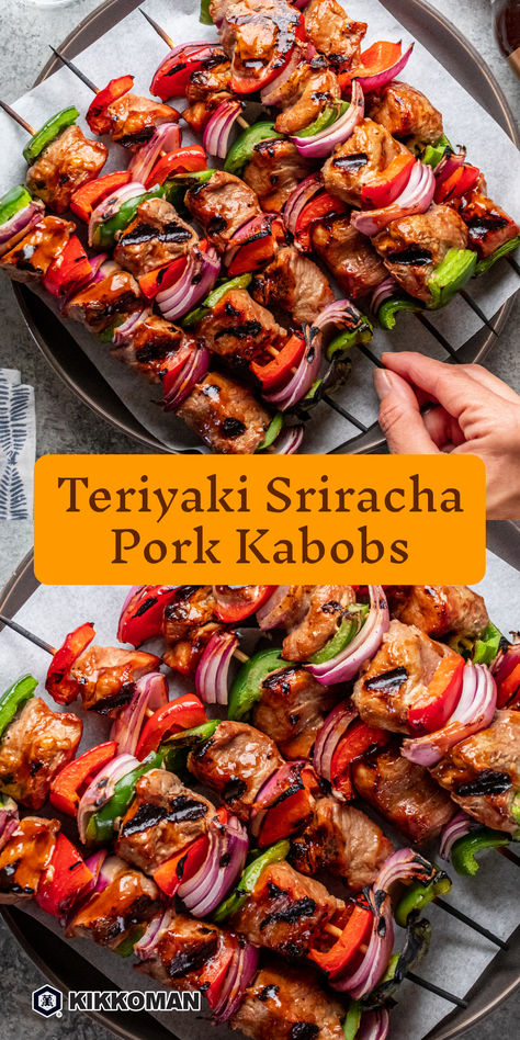 Fire up the grill for these Teriyaki Sriracha Pork Kabobs! Marinated in a spicy blend of Kikkoman® Teriyaki Baste & Glaze and Kikkoman® Sriracha Hot Chili Sauce, these kabobs are packed with flavor and ready in just 25 minutes. Perfect for a quick and delicious meal! Pork Skewers Kabobs, Italian Dips, Teriyaki Kabobs, Kebabs Recipes, Teriyaki Pork Chops, Pork Kebabs, Pork Kabobs, Hot Sandwich Recipes, Teriyaki Pork