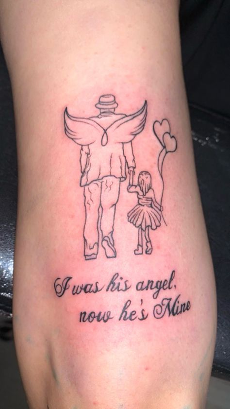 Angel tattoo Rip Tattoos For Dad, Mine Tattoo, Pair Tattoos, Memorial Tattoo Ideas, Rip Tattoo, Tribute Tattoos, Dad Tattoos, Memorial Tattoo, Hes Mine