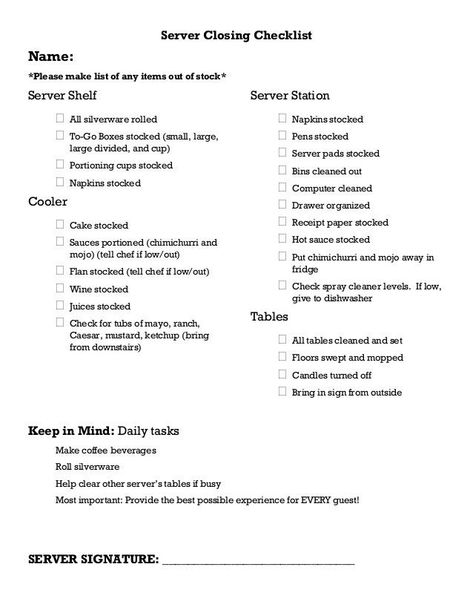 Server cleaning checklist | Cleaning checklist, Cleaning, Restaurant server station Restaurant Server Station, Closing Checklist, Server Station, Cleaning Chart, Starting A Restaurant, Restaurant Cleaning, Cleaning Checklist Template, Receipt Organization, Cake Stock