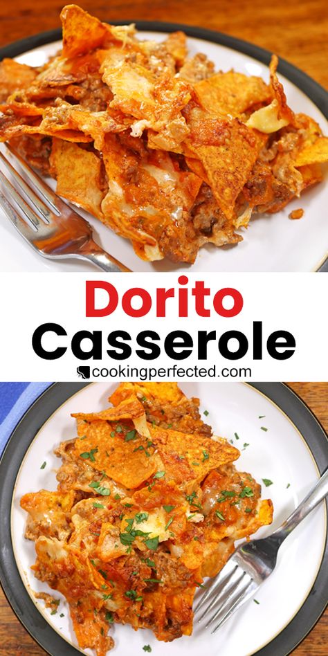 This Dorito casserole is an incredible blend of ingredients. It features layers of ground beef, salsa, sour cream, cheese, and Dorito chips Dorito Bake Ground Beef, Hamburger Dorito Casserole, Easy Dorito Casserole Hamburger, Beef Supper Ideas, Dorito Bake, Dorito Casserole Hamburger, Doritos Taco Bake, Dorito Taco Bake, Doritos Casserole