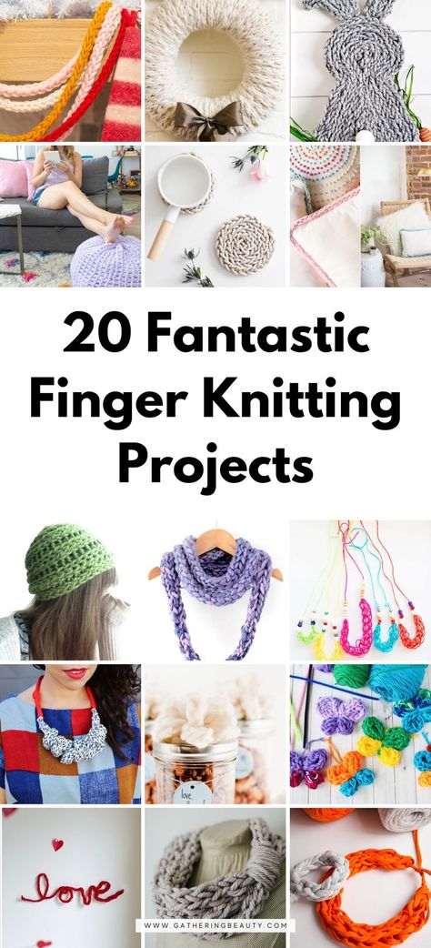 Looking for a fun finger knitting project to try? Take a look at these 20 easy (and some not so easy) finger-knitted crafts for kids and adults. Finger knitting is a fantastic and easy craft for all ages. All you need is your hands and a ball of yarn. If you’ve ever wanted to have a go at knitting but haven’t known where to start I think finger knitting is a great beginner step to learning. Once you’ve got the finger knitting basics down, you can easily whip up a chunky scarf in 30 minutes. Diy Finger Knitting, Finger Knitting Projects, Diy Travel Accessories, Finger Weaving, Craft Projects For Adults, Finger Crochet, Easy Knitting Projects, French Knitting, Finger Knitting