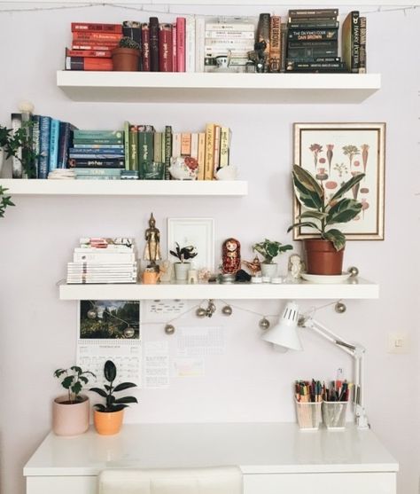 Shelfs For Books Wall, Above Desk Shelving Ideas, Floating Book Shelves Over Desk, Shelf Above Desk Decor, Shelf Decor Above Desk, Above Desk Bookshelves, Desks With Shelves Above, Home Office Wall Shelves Above Desk, Book Shelves Above Desk