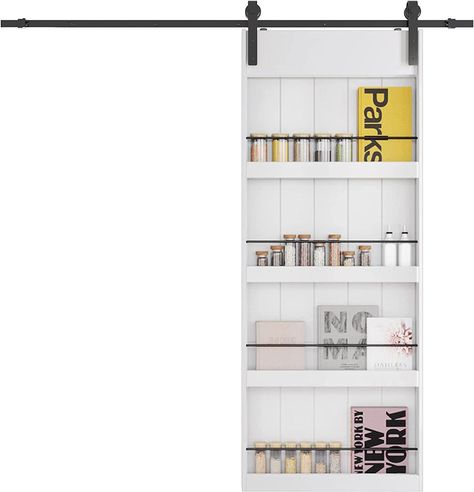 Amazon.com: BARNER HOME 36in x 84in Sliding Barn Door, Shelf Style, Made of Primed MDF, with 6.6 ft Hardware, Handle and Floor Guide : Tools & Home Improvement Barn Door Shelf, Door With Shelves, Wall Mounted Medicine Cabinet, Barn Door Installation, Door Shelf, Wall Accents Decor, Custom Barn Doors, Glass Barn Doors, Door Shelves