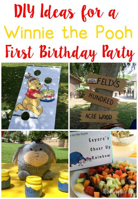 Felix's Winnie the Pooh First Birthday Party One Hundred Acre Wood First Birthday, Winnie The Pooh Themed Games, Winnie The Pooh Scavenger Hunt, Winnie The Pooh First Birthday Ideas, First Birthday Disney Theme, One Hundred Acre Wood Birthday, Winnie The Pooh Second Birthday, Winnie The Pooh Food Ideas, Pooh Bear 1st Birthday