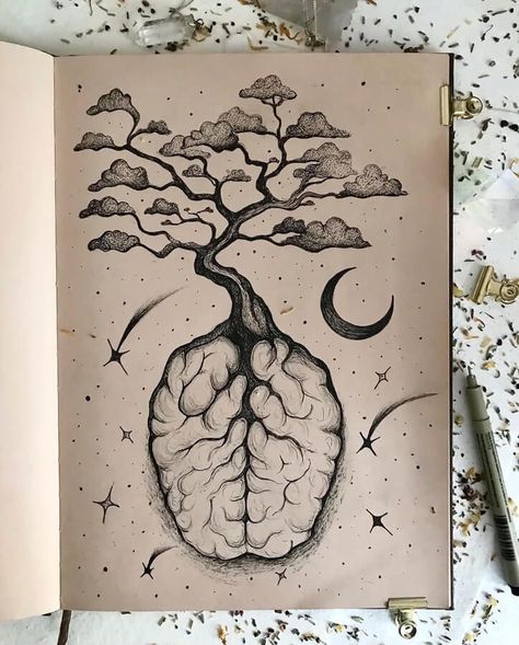 Alchemy Surrealism Magic B&W Drawing. Brain Art Drawing, Surreal Sketch, W Drawing, Surrealism Drawing, Brain Drawing, Magic Drawing, Brain Art, Magical Tree, Deep Art