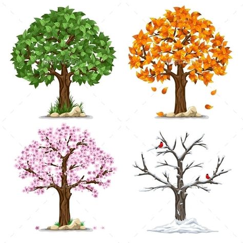 Four Seasons by mari_pazhyna | GraphicRiver Four Seasons Painting, Cartoon Nature, Four Seasons Art, Nagomi Art, Boom Kunst, Summer Trees, Weather Seasons, Spring Tree, Trendy Tree